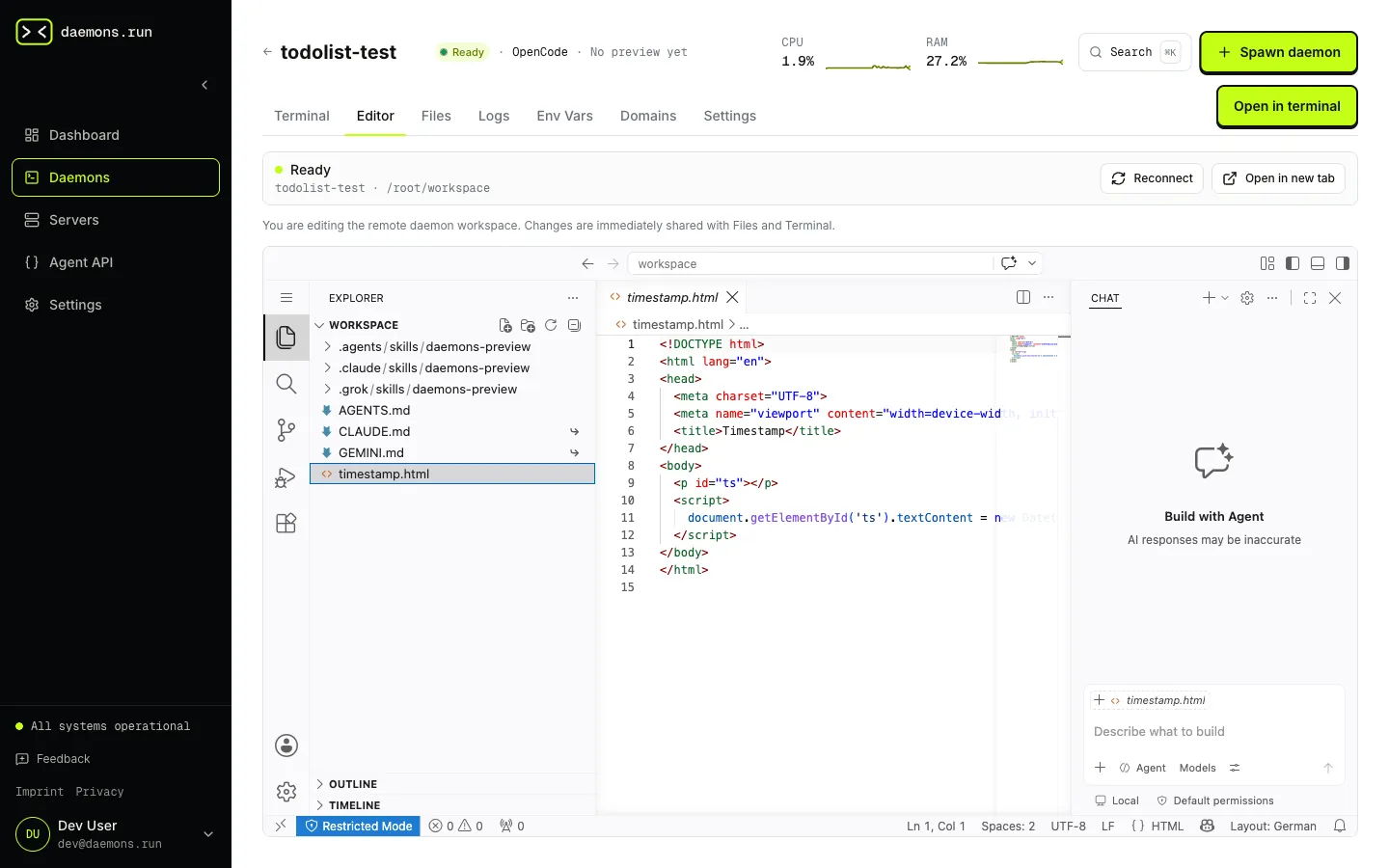 The daemons.run editor: VS Code in the browser, running on your own server