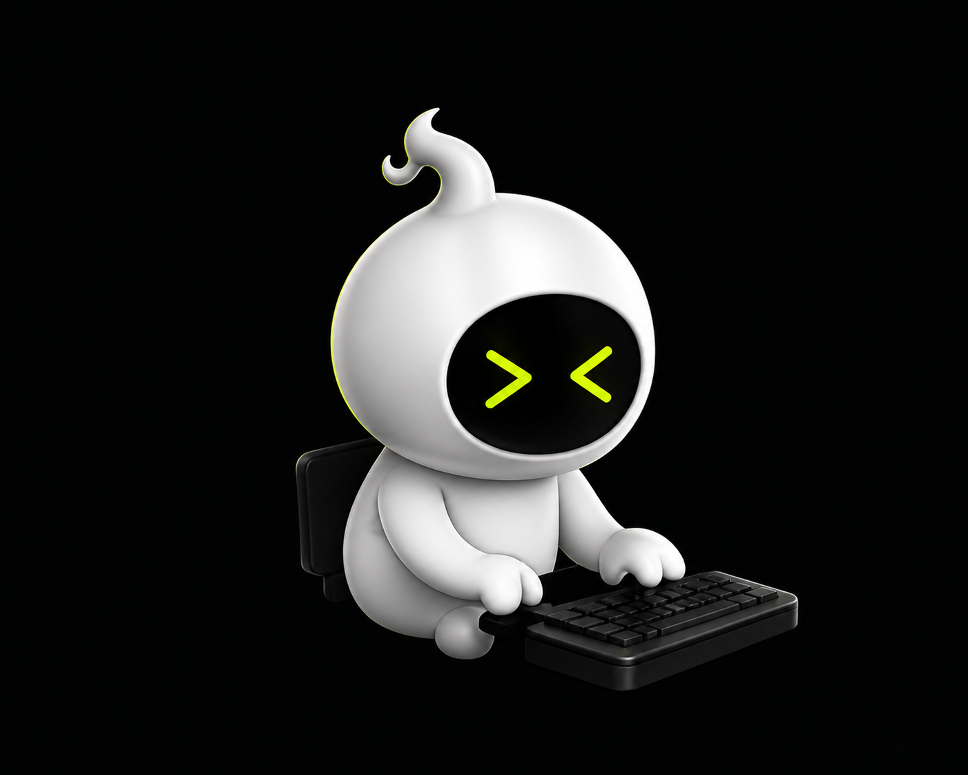 A bone-white daemon mascot typing at a tiny keyboard.