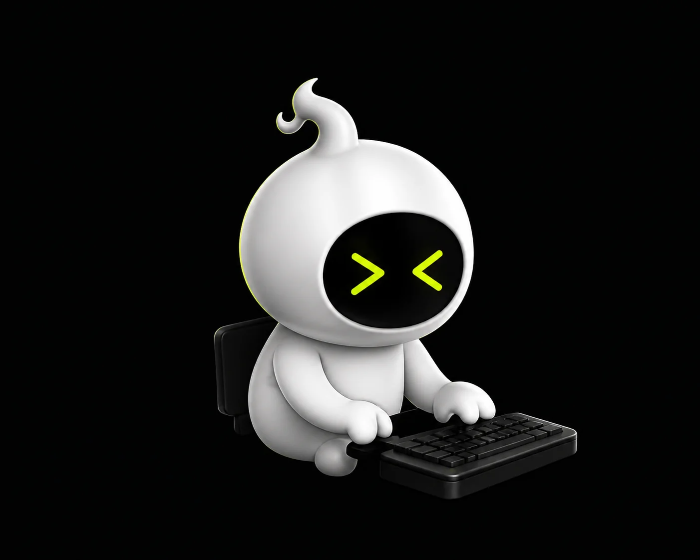 A bone-white daemon mascot typing at a tiny keyboard.