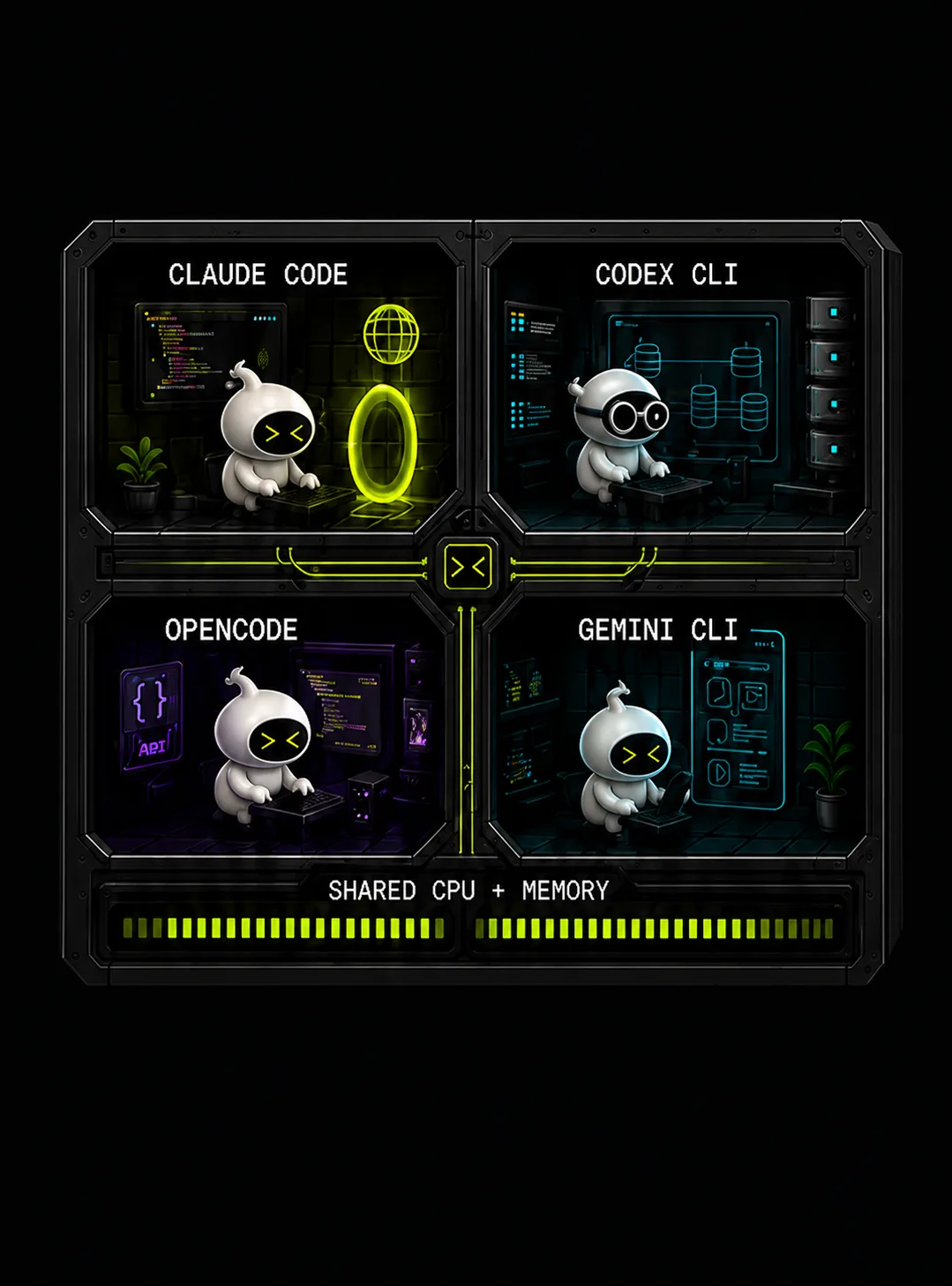 Four isolated server compartments running Claude Code, Codex CLI, OpenCode, and Gemini CLI, wired into a shared CPU and memory strip.