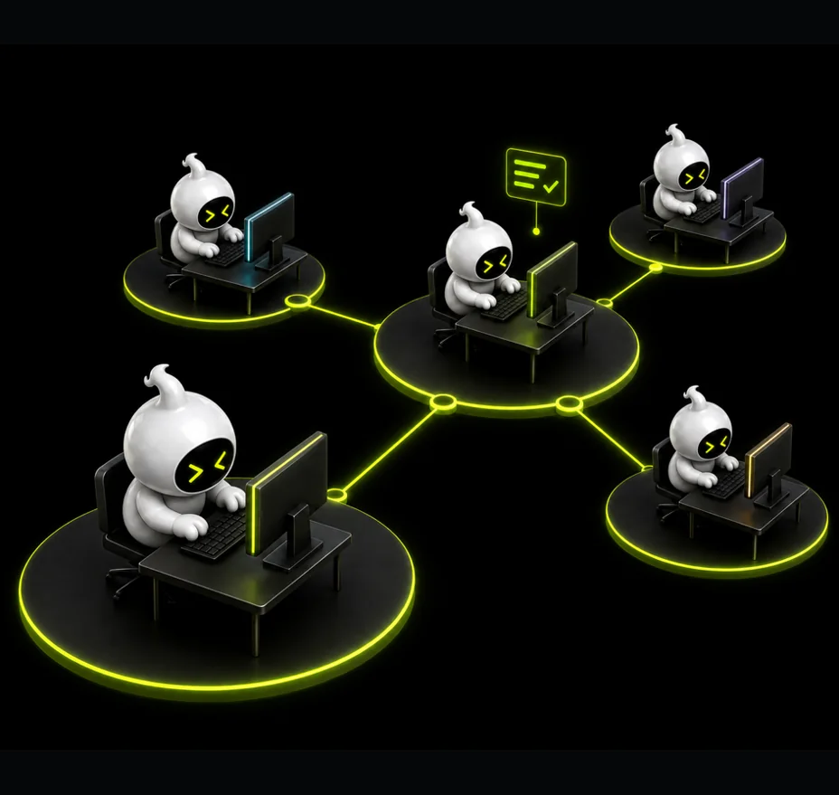 Five daemon mascots working at desks on connected platforms, joined by lime light lines, one with a shared checklist floating above.