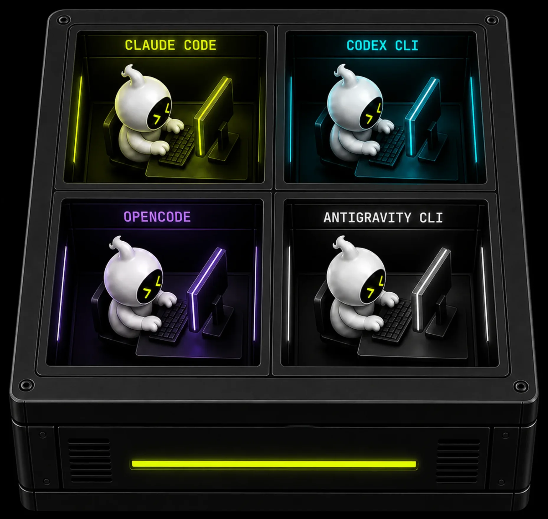 An isometric server slab with four open bays, a daemon mascot working in each, labeled Claude Code, Codex CLI, OpenCode, and Antigravity CLI.