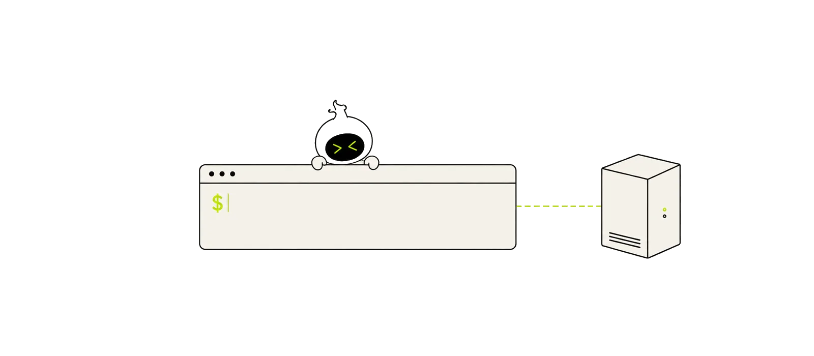 A daemon mascot working beside a command line terminal.