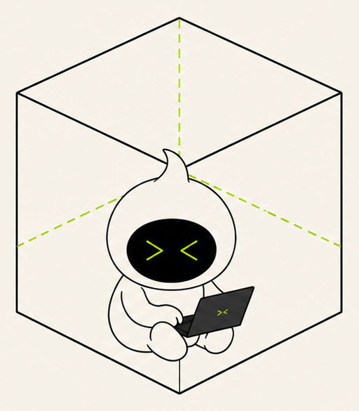 A daemon mascot working inside an isolated cube.