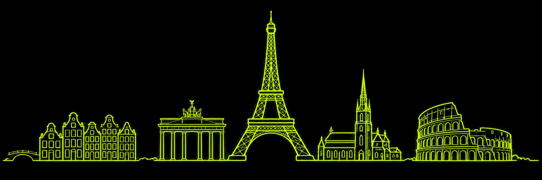 A lime line skyline of European landmarks with the Eiffel Tower centred.
