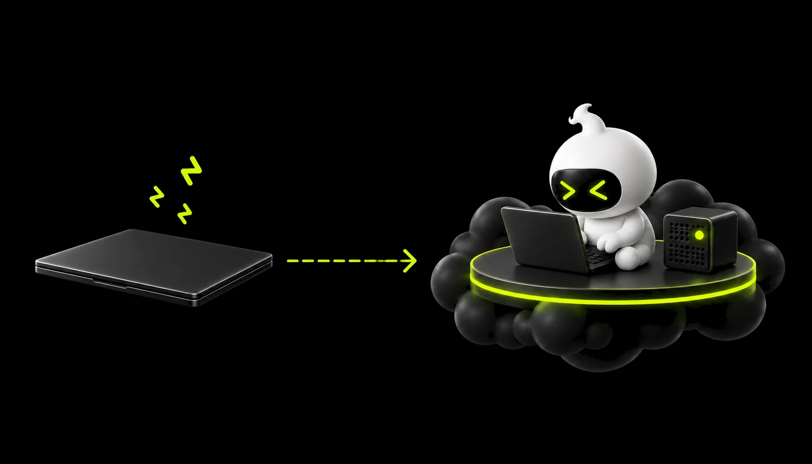 A closed laptop with lime sleep marks and a dashed arrow to a mascot awake at a laptop on a lime platform in a dark cloud.