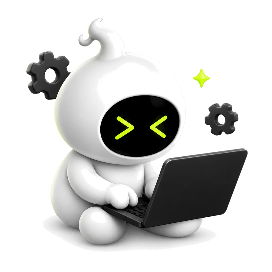 A daemon at a laptop with two gears and a spark beside it.