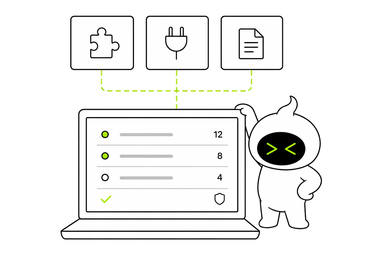 A daemon mascot at a laptop showing a team overview with health dots, a cost figure and a shared standards row.