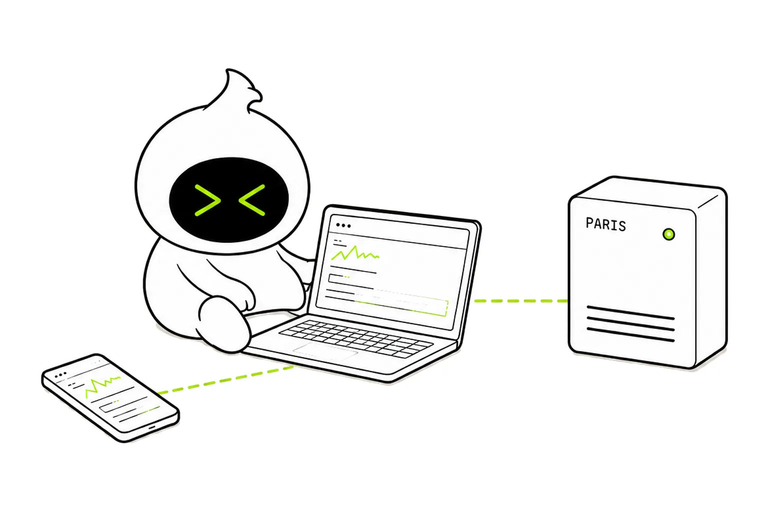 A daemon mascot at a laptop next to a small server module marked Paris, a phone beside it.