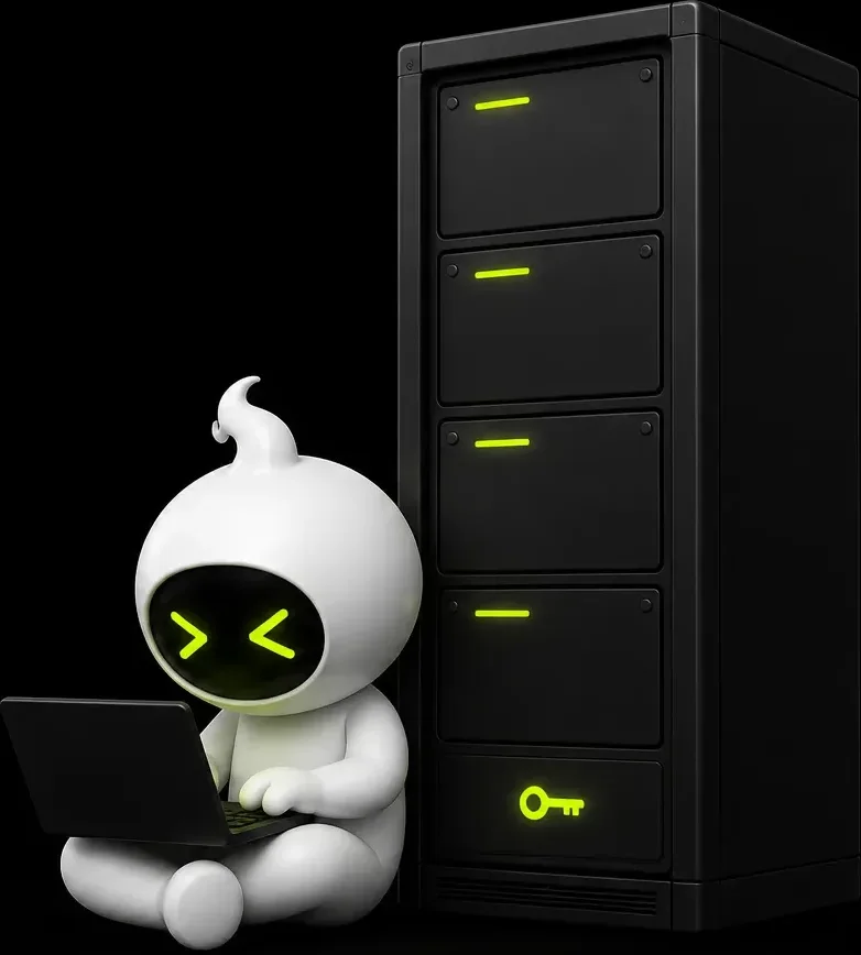 A mascot at a laptop beside a server tower.