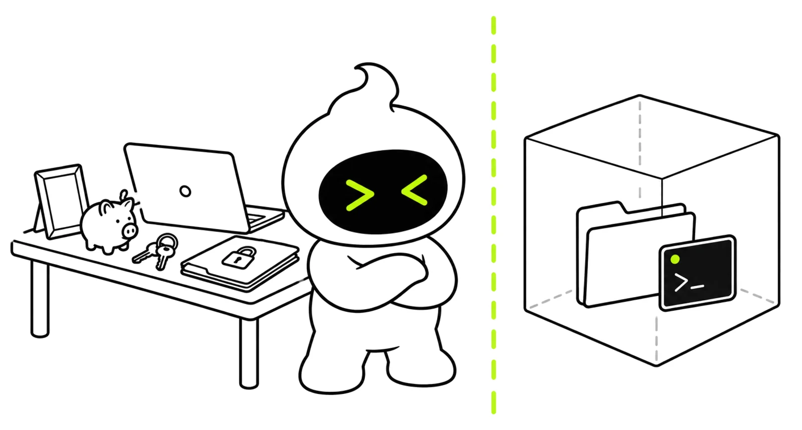 The daemon standing with crossed arms in front of a desk with a laptop, a photo, a piggy bank and keys; beyond a dashed line, a wireframe cube holds only a folder and a terminal.