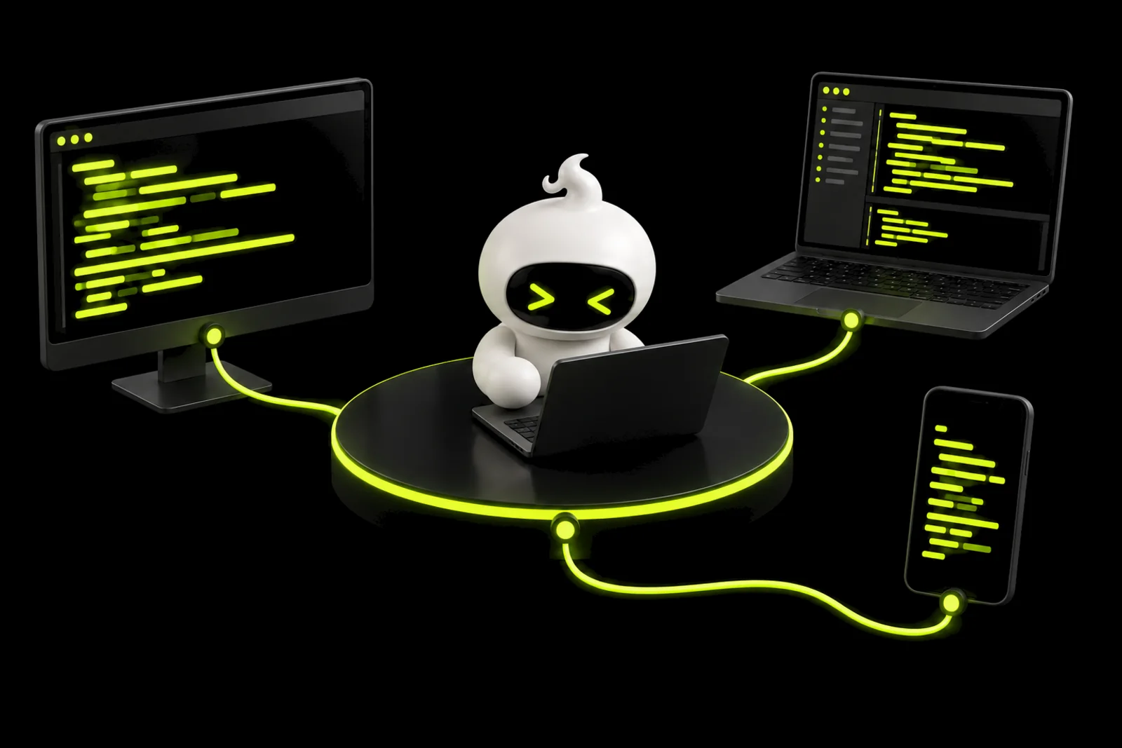 A mascot on a lime platform wired to a monitor, a laptop and a phone, each showing code bars.