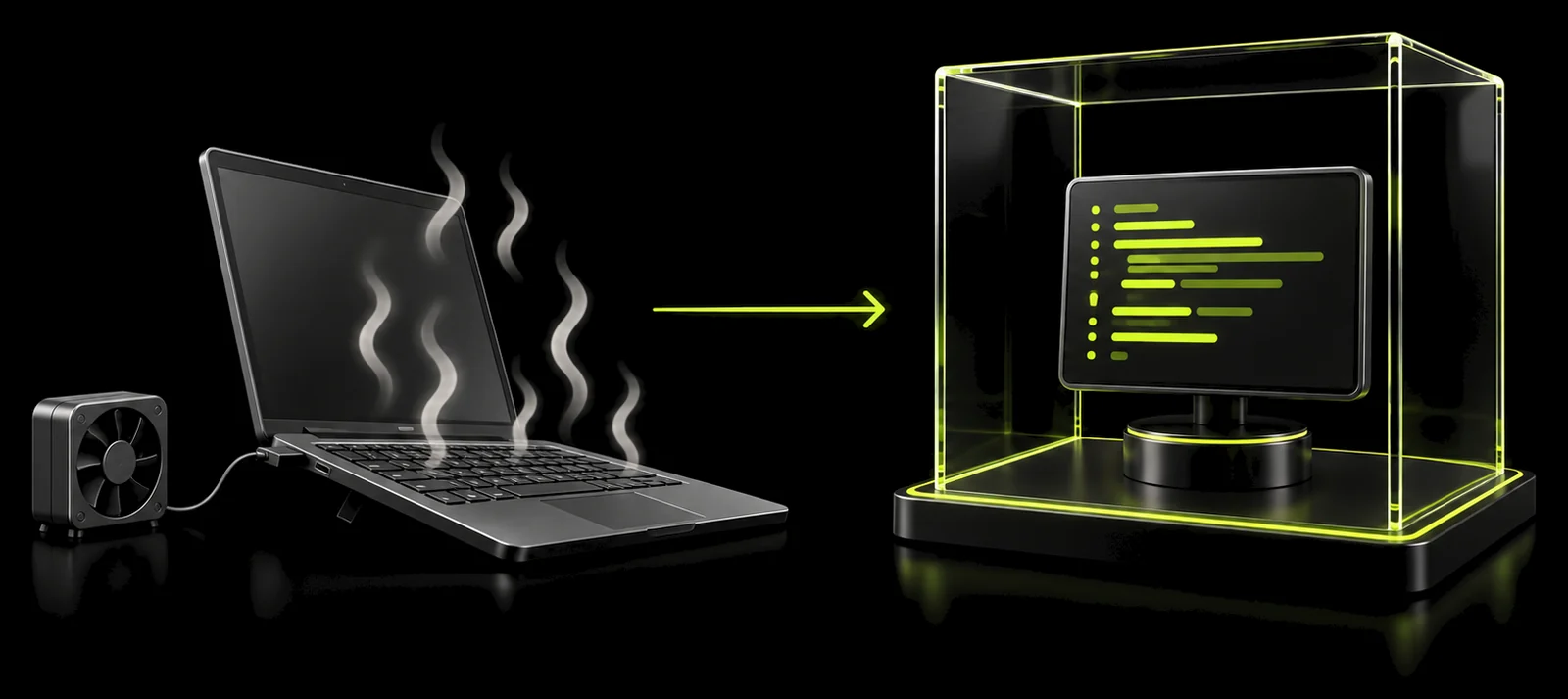 An overheating laptop on the left, a calm glowing workspace box on the right, joined by a lime arrow.