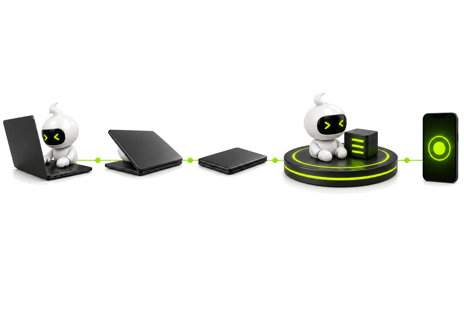 Five beats: a mascot at an open laptop, the lid closing, a closed laptop, a lime platform still running, and a phone reconnecting.