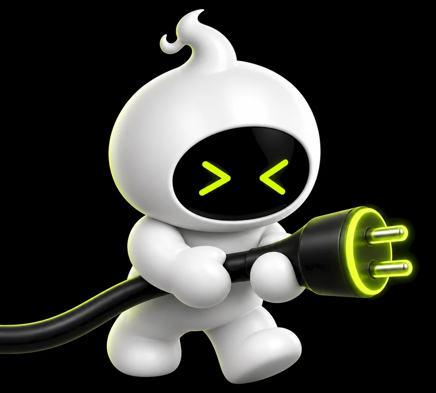 The daemon holding the glowing end of a cable, about to plug it in.