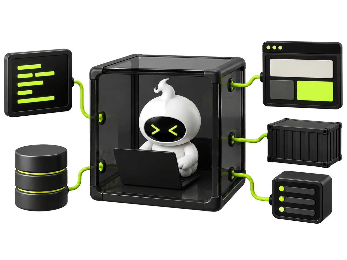 A daemon mascot in a glass workspace cube wired to a terminal, a browser preview, a database, a container and a server module.