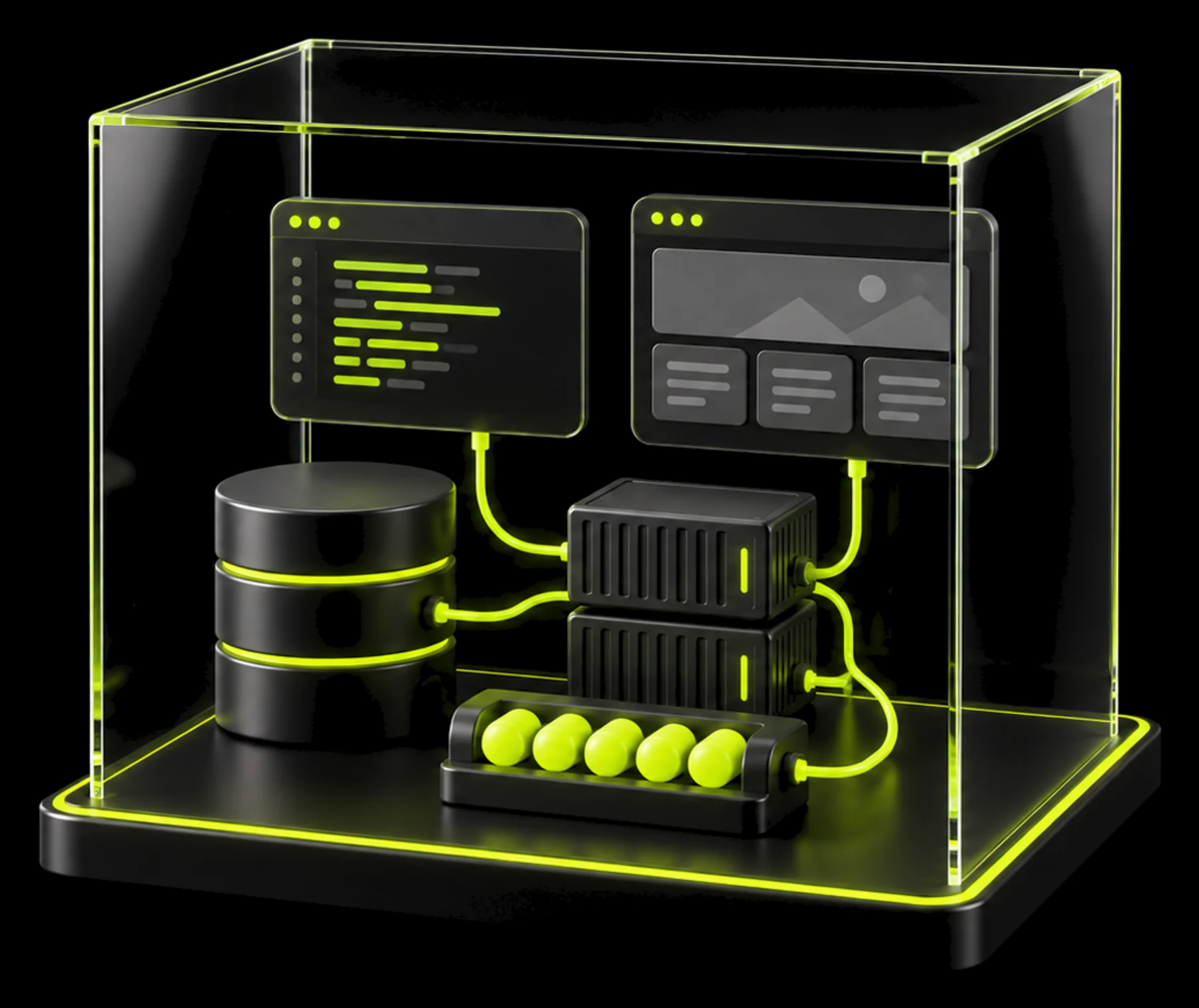 A glass workspace box holding a terminal, a browser preview, a database, container crates and a queue, all wired together and running, with nobody inside.