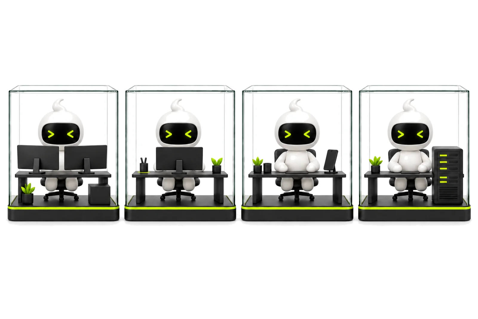 Four mascots in a row, each in its own glass workspace box, furnished differently.