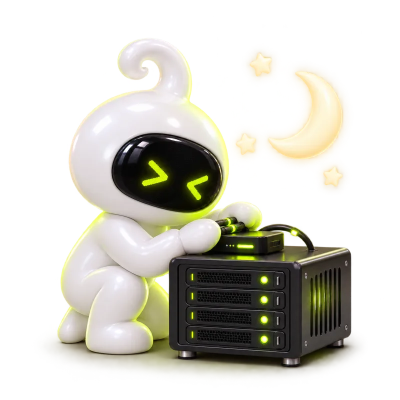 A daemon still working at its desk after the laptop is closed.