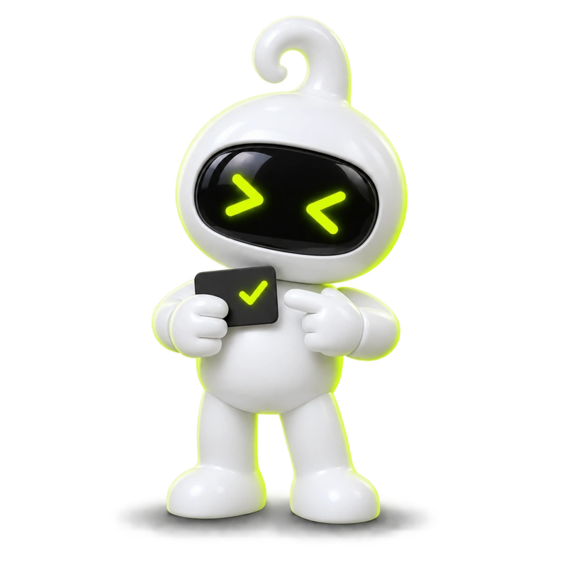 A daemon holding a card with a lime checkmark.