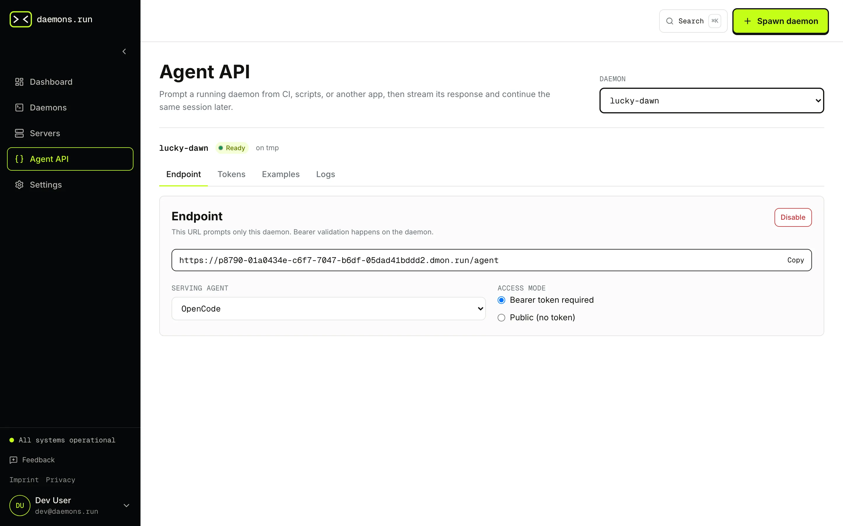 Agent API page for the lucky-dawn daemon, showing the endpoint URL, OpenCode as the serving agent, and bearer token required.