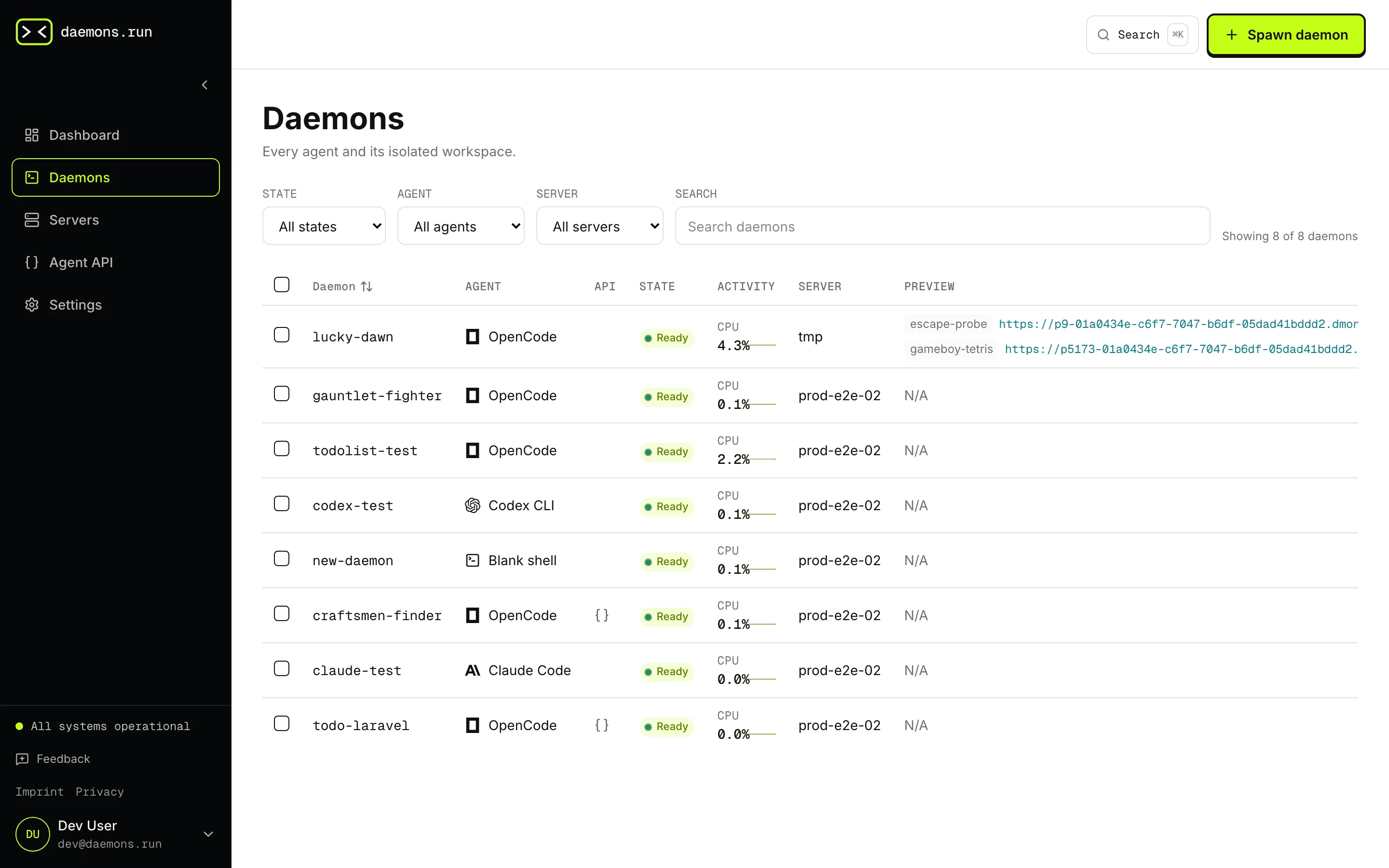 Daemons list of eight isolated workspaces, including lucky-dawn and craftsmen-finder, with agent, state, and server columns.