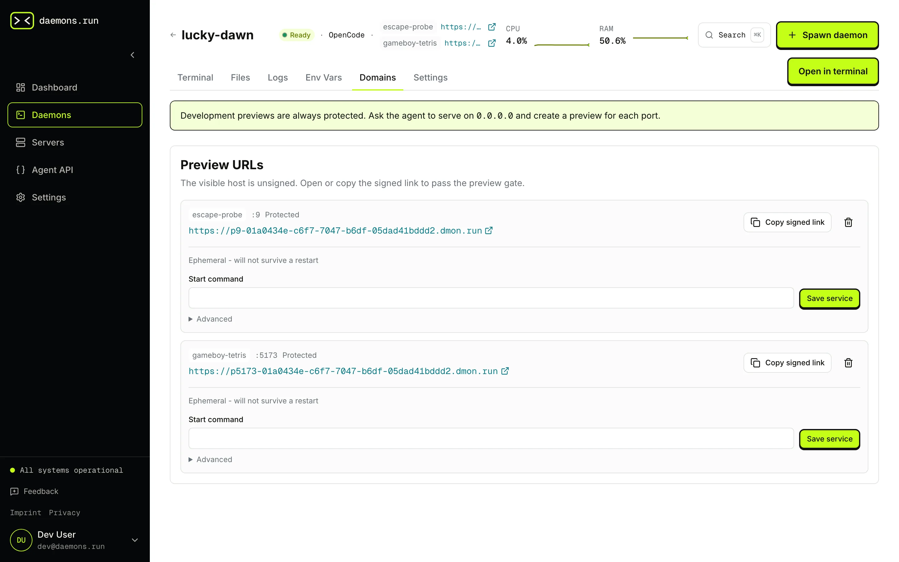 Domains tab for lucky-dawn listing two protected preview URLs, escape-probe and gameboy-tetris, each with a copy signed link action.