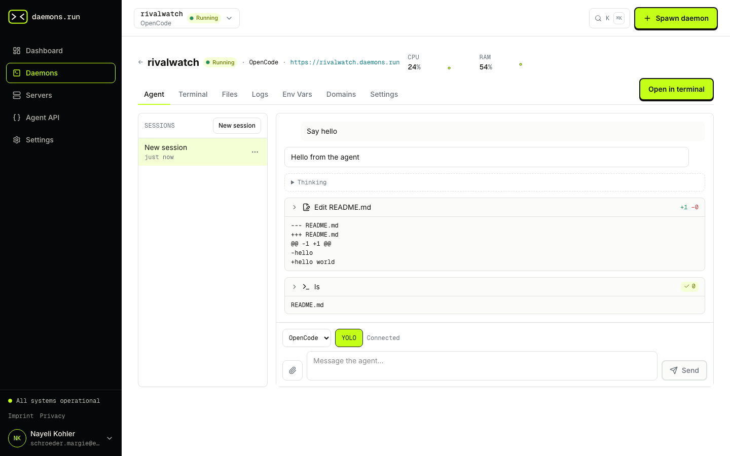 Daemon workspace with the Agent tab open, a streamed reply, and a tool-call diff card.